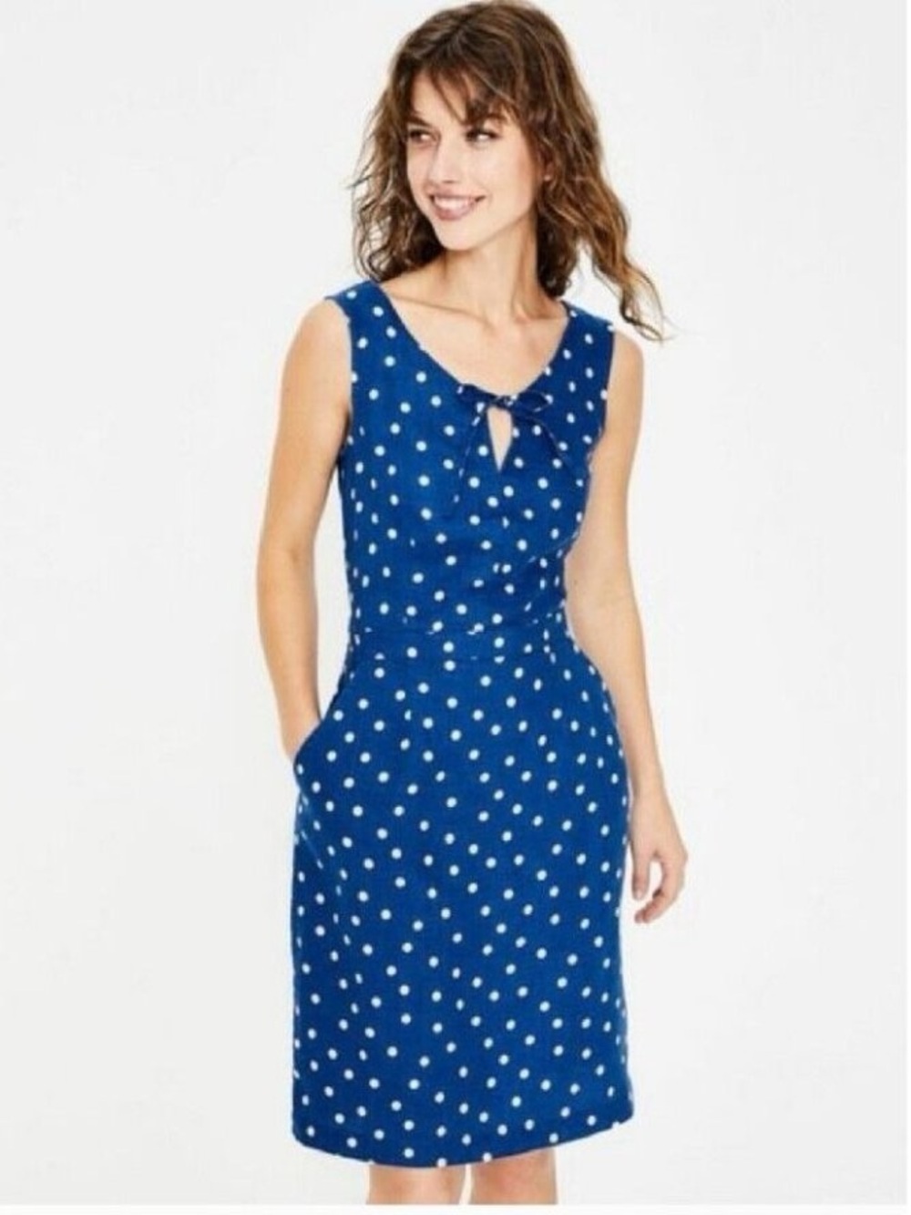 Boden Blue and White Polka Dot Sleeveless linen Midi Dress